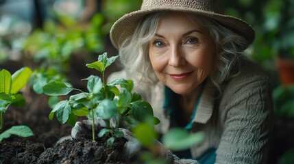 A senior woman planting trees in a garden for environmental conservation and nature