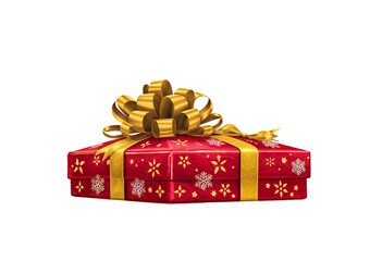 Realistic festive red box made of shiny cloth with yellow bow on white isolated background
