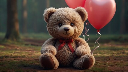 A cute, 2D cartoon-style teddy bear sitting alone, holding a heart-shaped balloon. The teddy has big, sad eyes, a slight frown, and soft, fluffy fur with a hand-drawn look. The balloon appears slightl