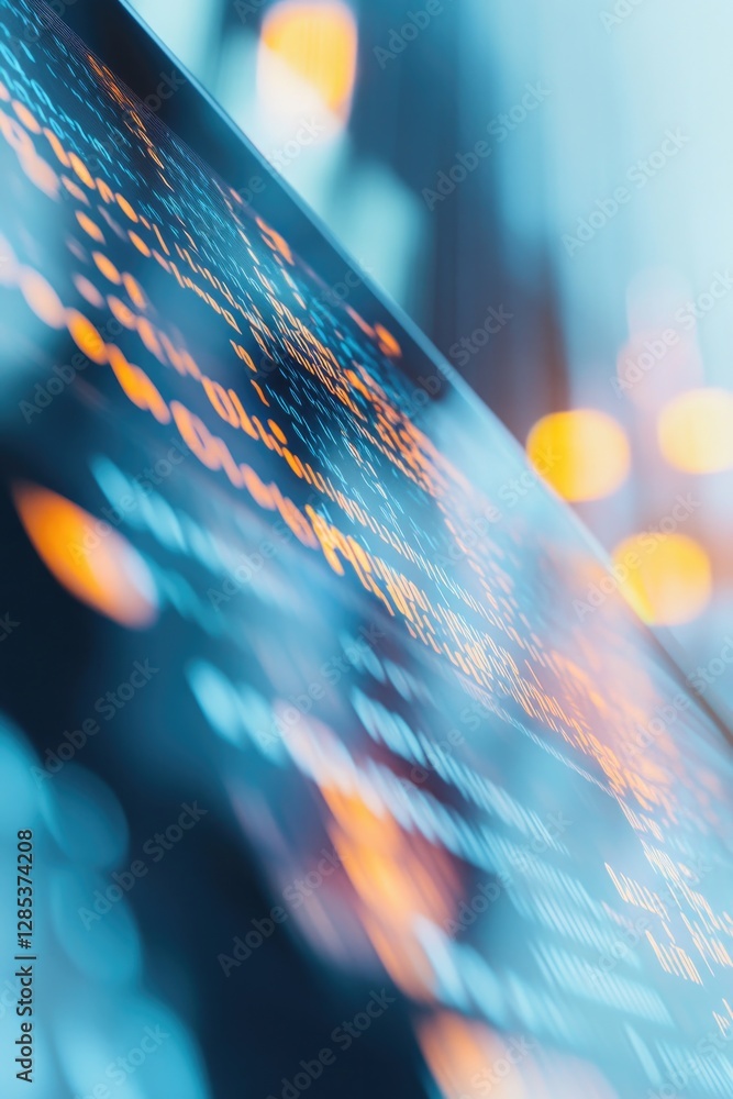 Poster close-up of digital tablet displaying abstract data and binary code symbolizing modern business evol
