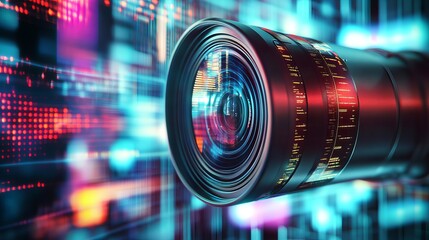 Futuristic Camera Lens with Digital Code Background High Tech Photography Equipment