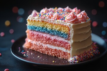 Rainbow Layer Cake Slice with Sprinkles and Frosting