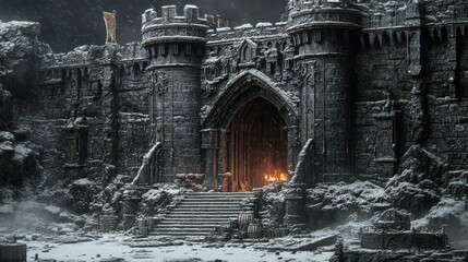 Ancient stone castle entrance, snow-covered, firelight within.