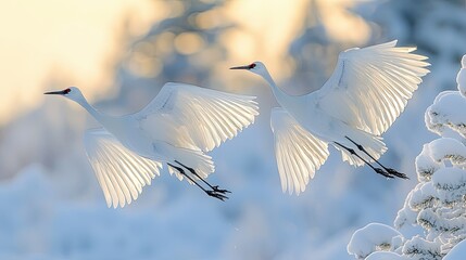 Obraz premium Two White Cranes Soaring In Winter Sunlight