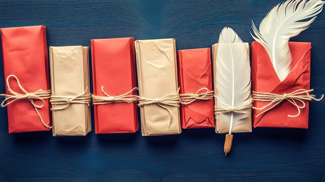 Rustic gifts, quill pen, wooden background, holiday packaging