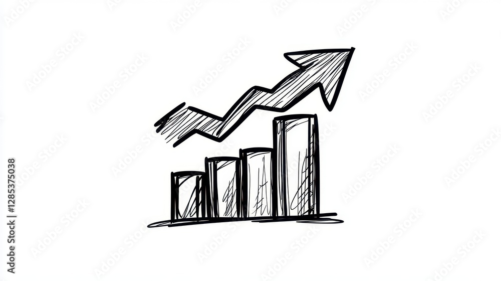 Poster hand drawn sketch of a bar graph with an upward trending arrow, symbolizing growth and progress. the