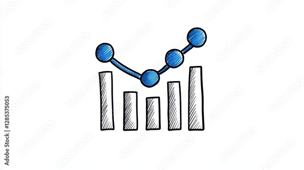 Poster hand drawn illustration depicting a simple bar graph with a line graph overlay, showcasing data fluc