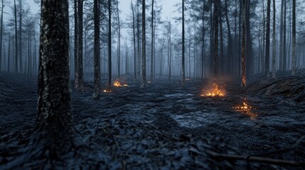 Eerie Evening in a Charred Forest: Aftermath of a Drenching Rain