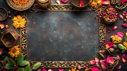 Ornate Gold Frame Surrounding Dark Background with Flowers and Bowls