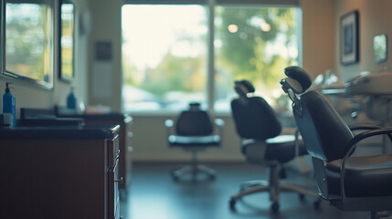Fototapeta premium Modern barbershop interior design with comfortable chairs and natural light room view area salon