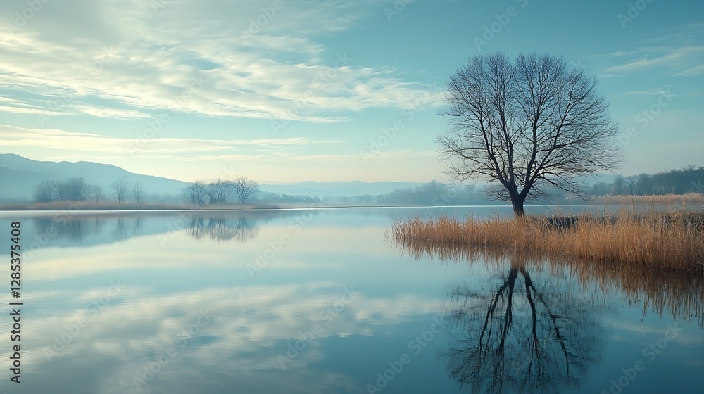 Poster lone tree in calm river landscape at dusk with reflective water surface : generative ai