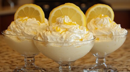 Three delicious lemon mousse desserts garnished with lemon slices and zest