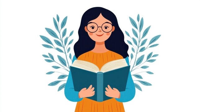 Joyful young woman with dark hair and glasses engrossed in reading a large book, depicted against a white background adorned with blue green foliage