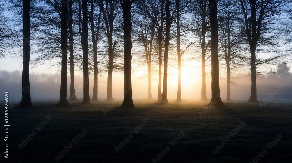 Aufkleber misty forest at sunrise with silhouetted trees creating a magical mood : generative ai