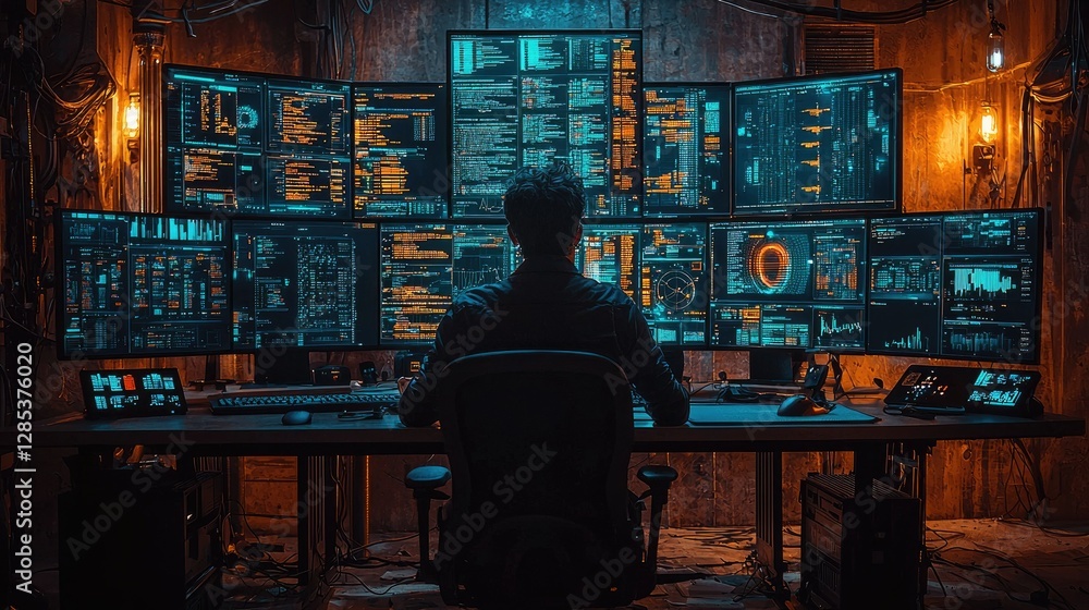 Aufkleber hacker working late surrounded by multiple computer screens
