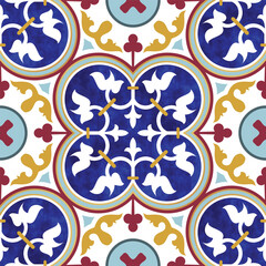 Ceramic mexican, moroccan, spanish and arabic watercolor pattern design. tiles seamless pattern print for table, cloth, fabric, textile, floor, paper, wallpaper, backdrop, gold foil design background 