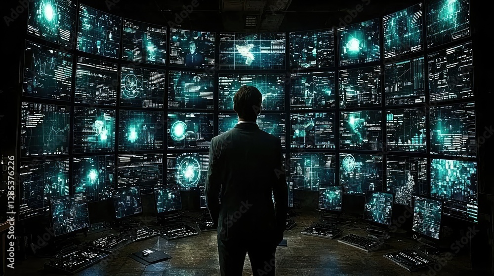 Poster man observing multiple data screens in a dark room