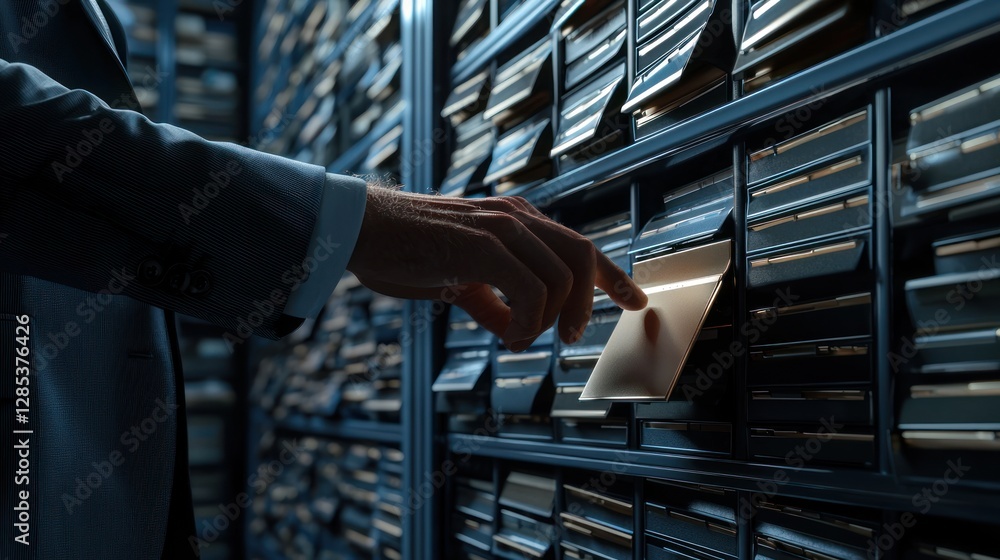 Poster accessing data: a man's hand reaching for information in a modern data center