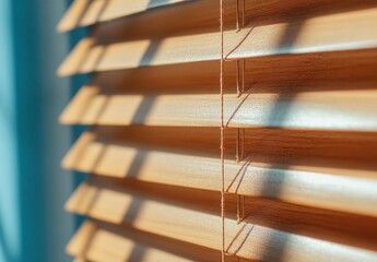 Close up view of light brown wooden blinds with sunlight casting shadows on the slats. The image shows texture and light play