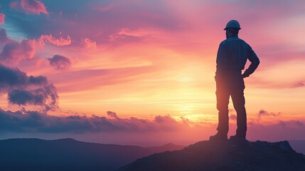 Silhouetted worker overlooks vibrant sunset landscape with hand on hip