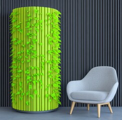 Grey armchair and lime green vertical garden in a modern room with dark grey wall. Bright, contemporary interior design