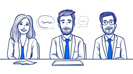 Three people sitting at a table, involved in a discussion or meeting. Light blue line art style, depicts a group of three business people in casual