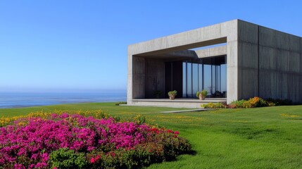 Modern Architectural Structure Near Calm Ocean With Lush Garden and Cloudy Sky Creating a Serene Coastal Atmosphere in the Early Afternoon