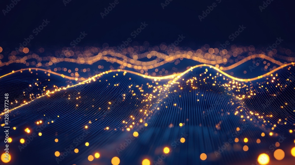 Poster golden waves of digital data: abstract visualization of information flow
