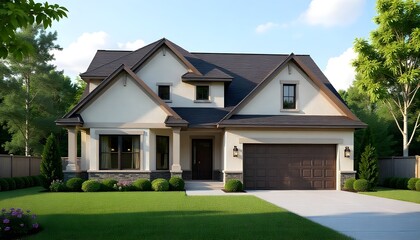 Obraz premium Suburban home, two-story house, white exterior, brown roof, attached garage, manicured lawn, green trees, blue sky, white clouds, architectural photography, realistic rendering, high detail