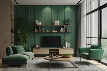 Minimalist living room interior have green cabinet for TV and decor accessories with green color wall- 3D rendering.