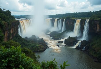 Fototapeta premium Iguazu Falls, Argentina with Lush Greenery and Mist