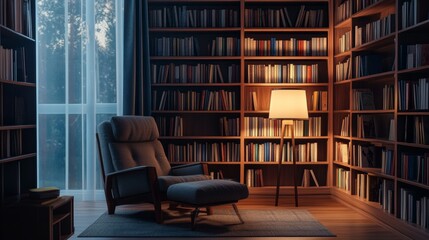 Cozy Reading Nook With Warm Lighting in a Modern Library Filled With Books, Perfect for Quiet Study and Relaxation at Any Time of the Day