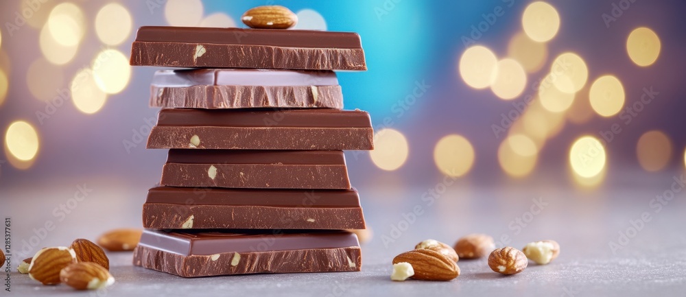 Poster a stack of milk chocolate squares with almonds sits on a gray surface against a bokeh background of 