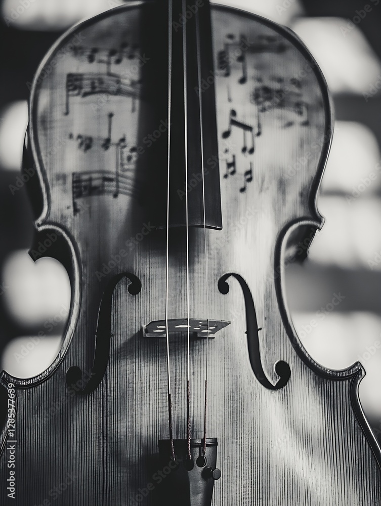 Poster elegant close up of a vintage violin showcasing its exquisite craftsmanship and music notes : genera