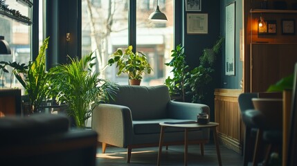 Fototapeta premium Modern Living Room With Large Windows and Warm Wooden Accents Featuring Plants and Comfortable Seating in a Spacious Design
