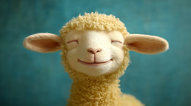 Cute lamb toy smiling, teal backdrop - Powered by Adobe