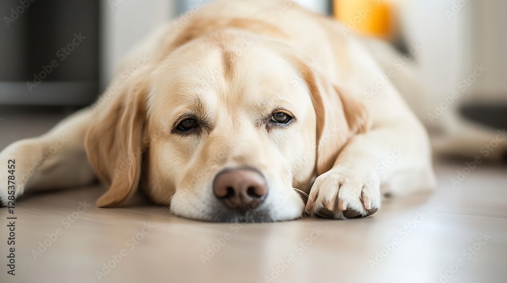 Aufkleber charming golden retriever lying on floor looking tired and relaxed : generative ai