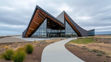 Obraz premium Modern geometric building with angular design, featuring dark gray and copper accents against a muted landscape. A paved pathway leads to the