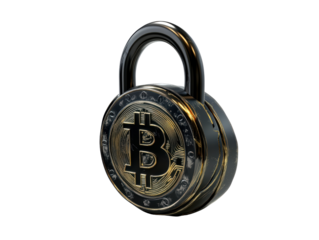 Isolated Antique Style Padlock with Bitcoin Symbol, Close Up