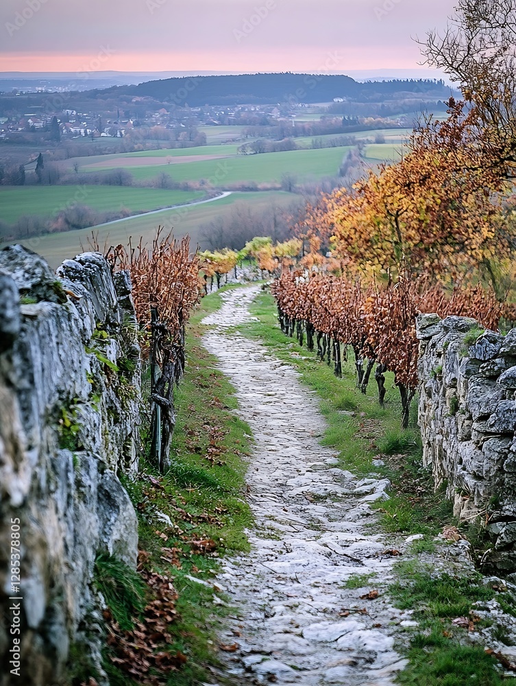 Poster scenic vineyard landscape with a winding path and vibrant autumn colors in a peaceful countryside se