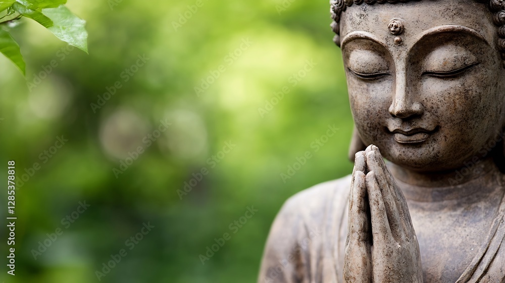Poster buddha statue in serene garden atmosphere with folded hands and peaceful expression : generative ai