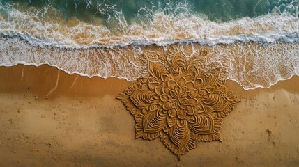 Aerial View of Intricate Sand Mandala on Beach at Sunset, Tranquil Vibes