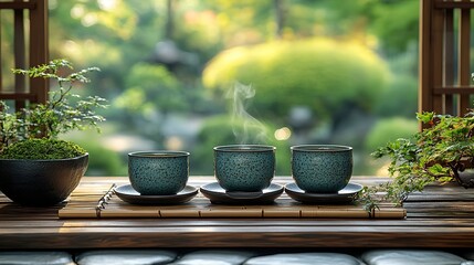 A serene Japanese tea ceremony setting with elegant tea utensils and natural elements fosters mindfulness and appreciation