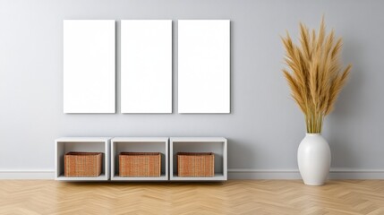 Three blank canvases hang above three wooden storage boxes on a shelf against a textured wall, next to a vase of dried pampas grass