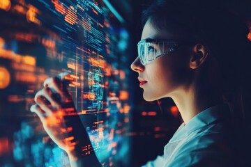 Scientist Analyzing Genomic Data on Transparent Digital Screen in Laboratory