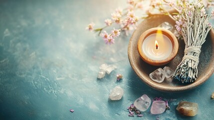 spirituality / mindfulness themed banner or header with white sage smudge stick, almond tree resin incense, healing crystal and candle, copyspace,