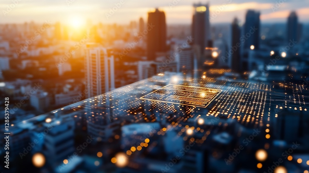 Poster Stunning Cityscape with a Digital Network Overlay at Sunset for Technology Enthusiasts : Generative AI