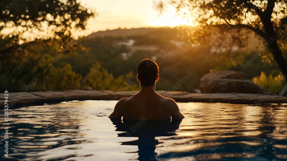 Poster Silhouette of a Man Relaxing in a Pool at Sunset Surrounded by Lush Nature Creating a Peaceful Vibe : Generative AI