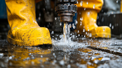  progress and sustainability, a modern drilling machine constructs an artesian well, with clean water emerging from the drilling mud discharge, representing access to fresh water