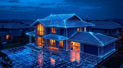 Futuristic Digital Rendering of House at Night with Blue Neon Light Effects and Modern Architecture